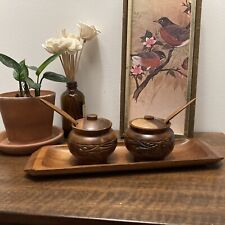 1960's Vintage Tiki Wood condiment bowls With Tray (D) picture