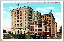 Vtg Akron Ohio OH Police Station Municipal Building Bank 1920s View Postcard picture