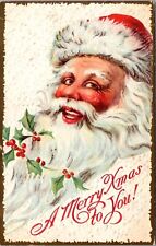 Happy Smiling Santa Claus with Holly Antique Christmas Postcard~g153 picture