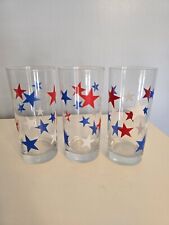 3 Clear Glass Patriotic Red Blue White Stars Drinking Glasses Unmarked picture