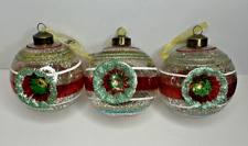 Pier 1 Blown Glass Ornaments Red Green Gold Stripes Dent Ball Set of 3 picture