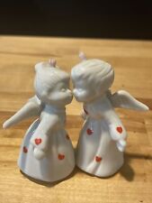 Boy & Girl Kissing Angels. Two Miniature Ceramic Figures White With Red Hearts picture