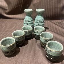Vintage Soma Ware Suzuki Shoten Crackle Sake Set Carafe & Cups Double Wall set 6 picture