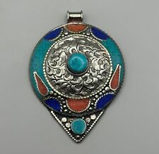 Beautiful Vintage Tibetan Silver Plated Pendant With Natural Coral Lapis Stone picture