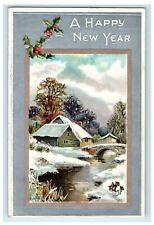 1910 New Year Snow Winter Scene Pond Holly Berries Embossed Antique Postcard picture