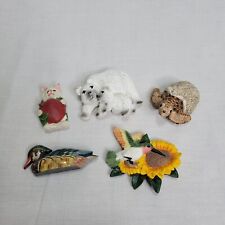 5 Vintage Fridge Magnets Resin and Wood Duck Polar Bears Cat Turtle Hummingbird picture