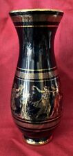 Vintage Black Ceramic Vase Handmade Greece 24K Gold Greek Mythology Figurals picture
