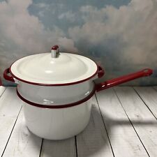 Vtg Farmhouse Double Boiler Enamalware - White With Red Handles And Trim picture