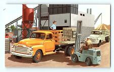c1950s GMC TRUCKS Car Advertising Stake Truck Construction Scene Postcard F1 picture