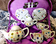 Delton Fine Collectible Porcelain Polka Dot Tea Set in Wicker Basket NEVER USED picture