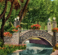 1938 Postcard, Richmond, IN, Glen Miller Park, Cobblestone Bridge,Flowers-Bri-18 picture