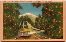 Streamliner Passing through a California Orange Grove - Postcard picture