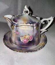 Antique RS Prussia Syrup Pitcher with Lid & Plate Pink Roses Scalloped Rim picture