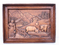Faux Wood Carved Molded Switzerland Forest Wood 9x12 3D Alps Chalets Cows Plaque picture