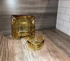 Vintage Amber Glass Cigar Cigarette Ashtrays ~ Square & Round Thick Heavy picture