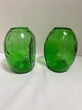 Pair of Vintage Green Glass Flat Side Vintage Puckered Texture Vase Bottle Vesse picture