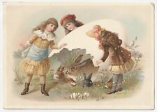 c1880s~Easter Bunny Hiding In Giant Egg~Embossed Easter~Victorian Trade Card picture