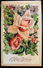 Vintage Victorian Postcard 1901-1910 A Happy Birthday - Pink Rose & Lilacs picture