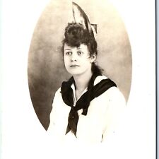 c1910s Cute Lady Girl Sailor Scarf RPPC Unicorn Hat Long Hair Real Photo PC A140 picture