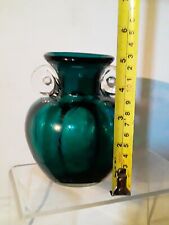 Blue Green Teal Vase Art Glass with Applied Round Clear Glass Handles picture
