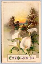 Easter Peace Be Thine~Canna Lilies & Path To Church Scene~PM 1913~Vtg Postcard picture