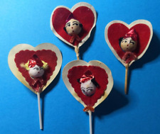 4 Vintage 1950s Valentine's Day Spun Cotton Toothpick Party Cake Toppers Japan picture
