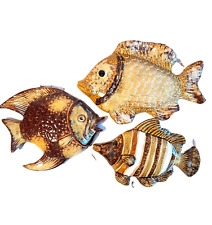 Vintage Set of Three Fish Wall Hanging Art Textured Ceramic Brown Tan Blue Glaze picture