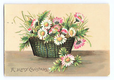 Victorian Christmas CardA Merry Christmas- Basket of Flowers Antique Vintage picture