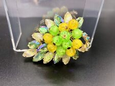 Vintage Cha Cha AB Rhinestone Beaded Carved Leaf Stone Brooch Yellow Green Glows picture
