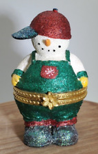 Adorable, Chubby Snowman in Green Overalls and Baseball Cap Trinket Box picture