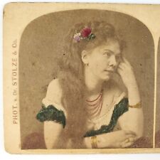 Beautiful Daydreaming Tinted Girl Stereoview c1880 Victorian Lady Portrait B1987 picture