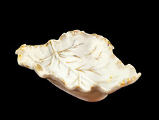 Vintage Porcelain Leaf Shaped Candy Mint Dish Textured White & Gold Trim picture