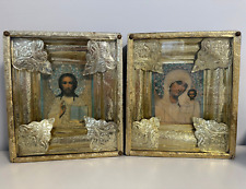 Antique wedding icons Christianity Orthodox Ukrainian lithograph in wooden frame picture
