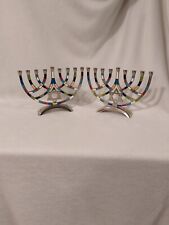 2-Hanukkah 9 Branch Menorah Candle Holders Silver Tone Metal Colorful Inlay NOS picture