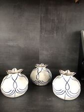 Three White Bud Vases In Pomegranate Shape 4” W With Blue Swirls & Gold Accents picture