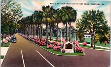 Savannah, GA World War Monument on Victory Drive Postcard Linen Posted 1951 picture