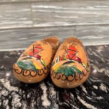 Lot Of 2 Vintage Wooden Dutch Clogs Hand Carved Painted Windmill Holland 1957 picture
