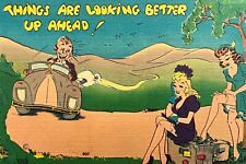 Comic Postcard Risque Pinup Two Sexy Young Women Nice Legs Hitchhiking 1940s VJ picture