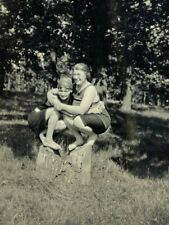 Two Women Holding Each Other Crouching On Tree Stump B&W Photograph 3.5 x 5.5 picture