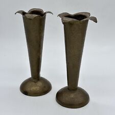 Vintage Metal Vase Hammered Bronze Brass Tulip Ruffled Vases Set Of Two picture