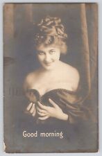 Postcard RPPC Photo Risqué Bedroom Eyes Pretty Lady Covering Breasts w Drapes picture