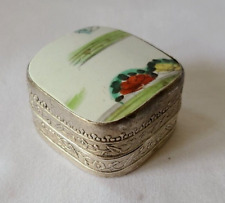 Vintage Chinese Porcelain Shard Trinket Pill Box Silver Plated picture