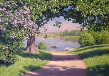 Dream-art Oil painting Johan-Krouthen-Lake-with-boat-and-flowering-lilacs canvas picture