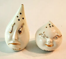 Vintage 50's Signed Drip & Drop Salt and Pepper Shakers Gold on White Ceramic picture