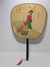 Beautiful Vintage Hand Painted Silk Paddle Fan Asian Woman Bamboo Handle picture