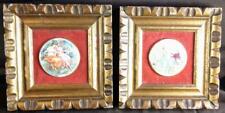 Old Vintage Pair of Two French Style Round Porcelain Romantic Plaques Framed Art picture
