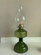 Vintage P&A Wedding Scroll Pressed Green Glass Oil Lamp 18” picture