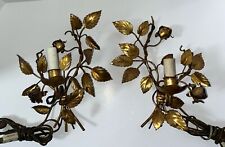Pair Vintage Italian Gilt Electric Sconces Metal Wall Italy Roses & Leaves-Work picture