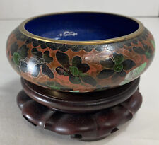 Stunning Antique Chinese Cloisonné Bowl with Carved Wooden Stand 1950's picture