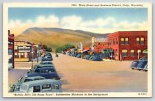 Cody Wyoming~Main St~Barber Pole~Buffalo Bill's Home Town~Vintage Linen Postcard picture